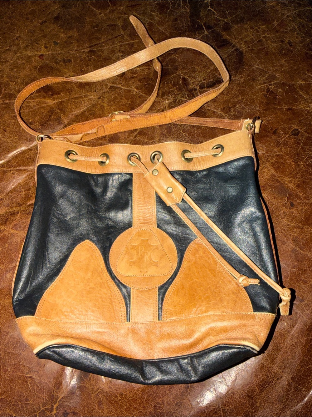 Vintage 70’s Style Genuine Leather RR Crest Bucket Bag